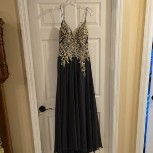 Jovani Black and Gold Embellished Gown